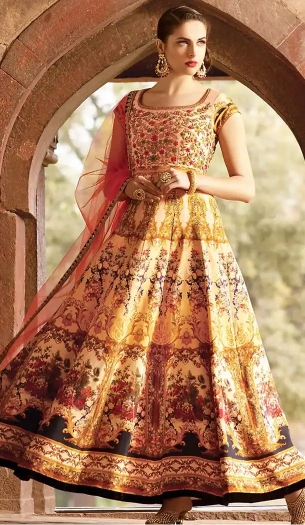 Beige Color Bhagalpuri Silk Embroidered Party Wear Readymade Gown | FH502276732