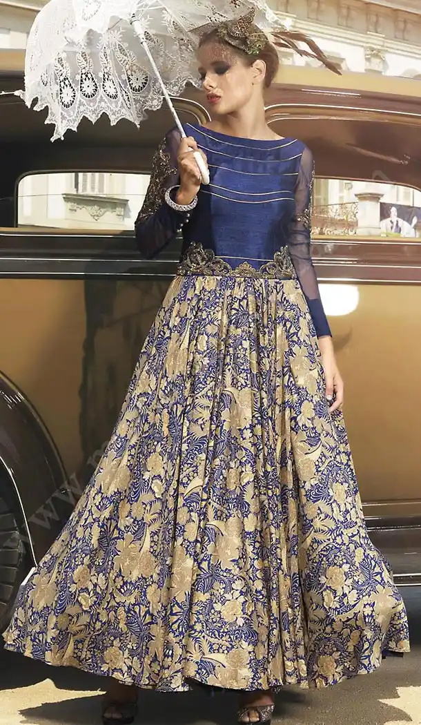 Navy Blue Color Satin Embroidered Party Wear Readymade Gown | FH502276735