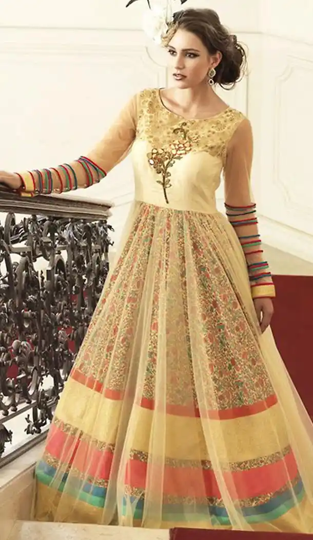 Beige Color Bhagalpuri Net Embroidered Party Wear Readymade Gown | FH502276737