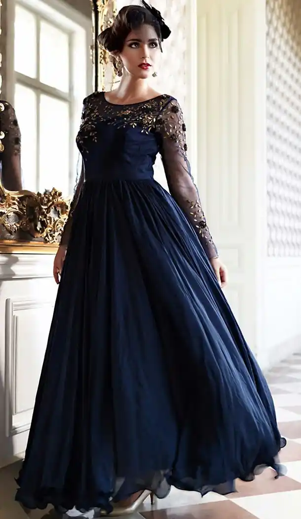 Navy Blue Color Bhagalpuri Silk Embroidered Party Wear Readymade Gown | FH502276738