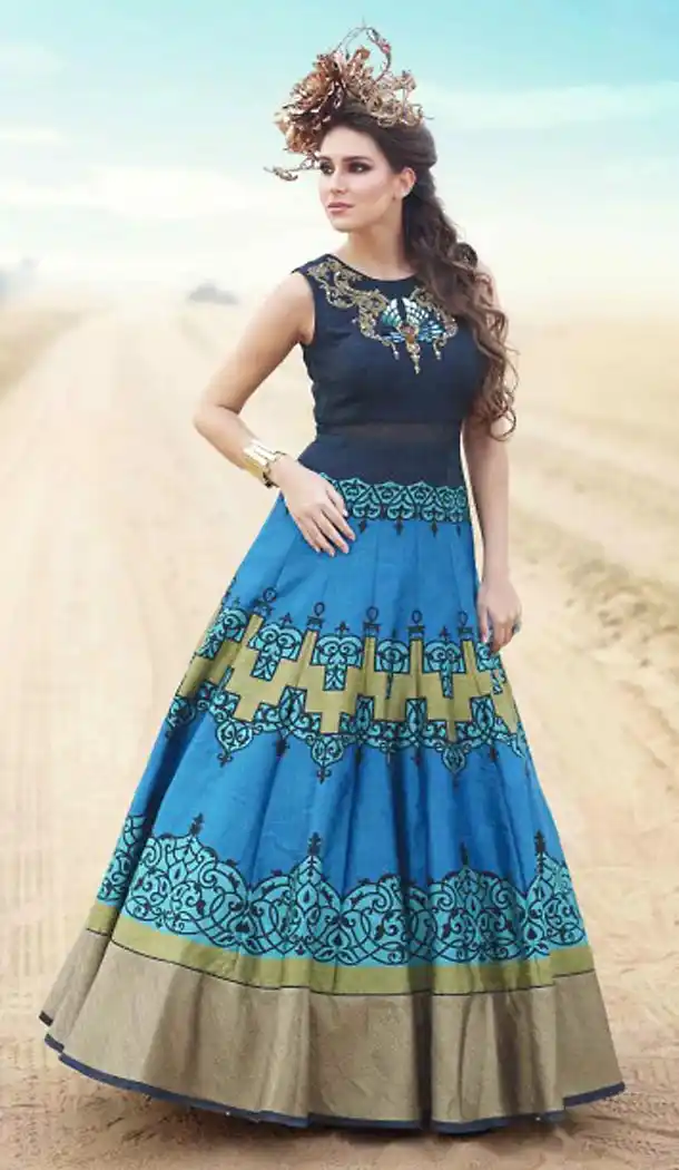Sky Blue Color Bhagalpuri Silk Embroidered Party Wear Readymade Gown | FH502276739
