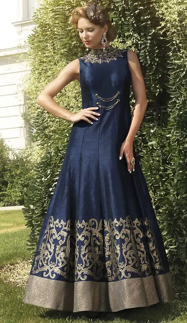 Blue Color Bhagalpuri Silk Embroidered Party Wear Readymade Gown | FH502276740