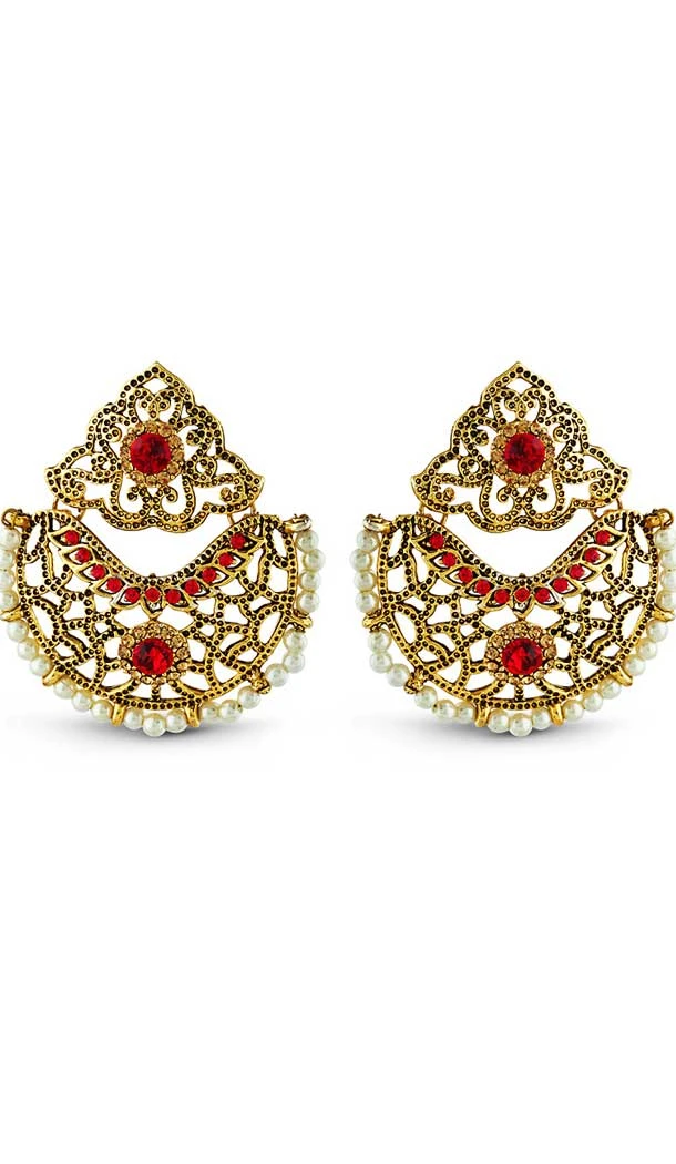 Red,Gold Color American Diamond Stone Artificial Chandelier Earring | FH502776817