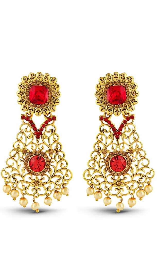 Red and Gold Color American Diamond Artificial Chandelier Earring | FH502776821