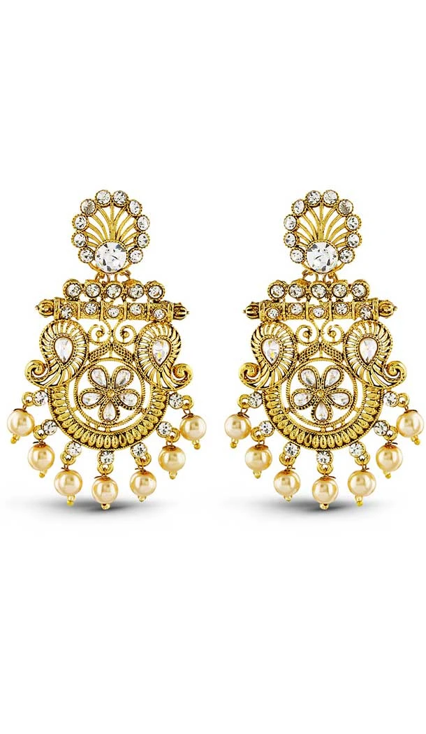 White and Gold Color American Diamond Stone Artificial Chandelier Earring | FH502776822