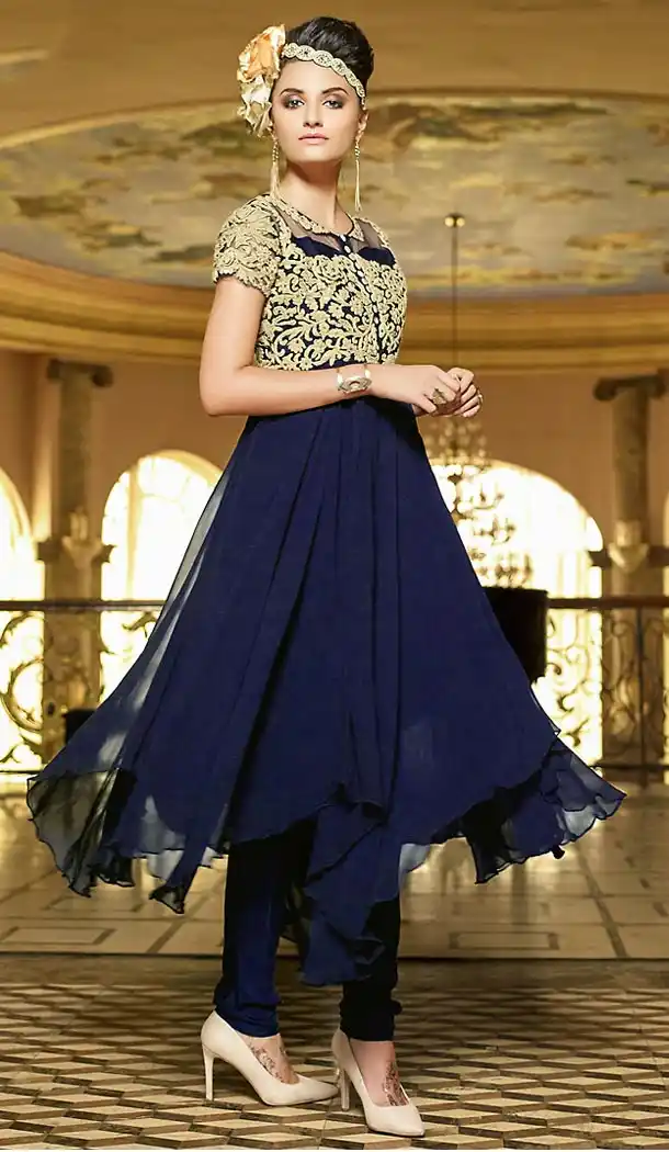 Navy Blue Color Georgette Party Wear Style Gown Dresses | FH503176853