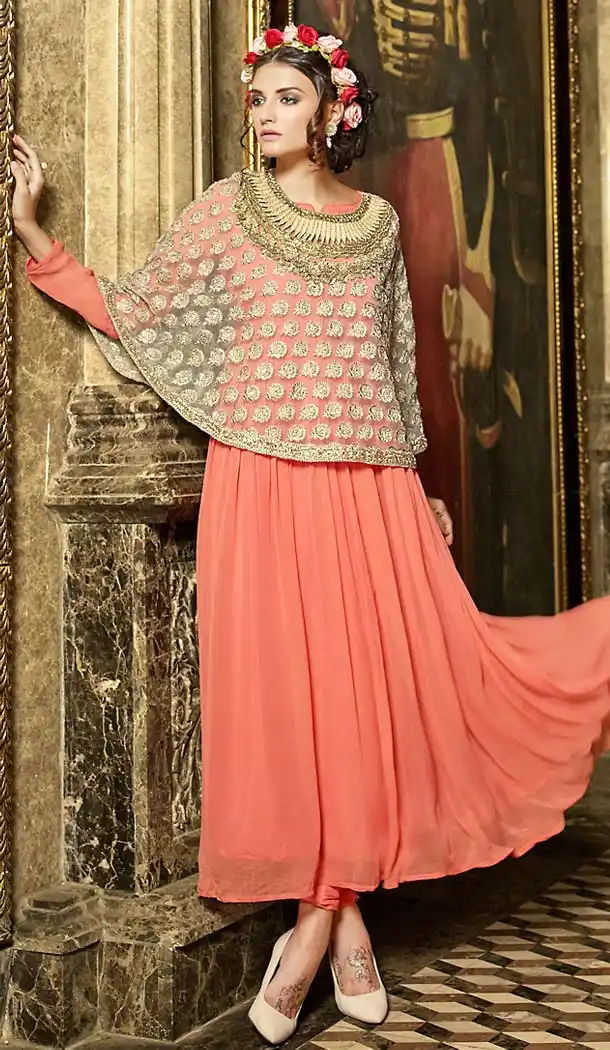 Salmon Color Georgette Party Wear Style Gown Dresses | FH503176854