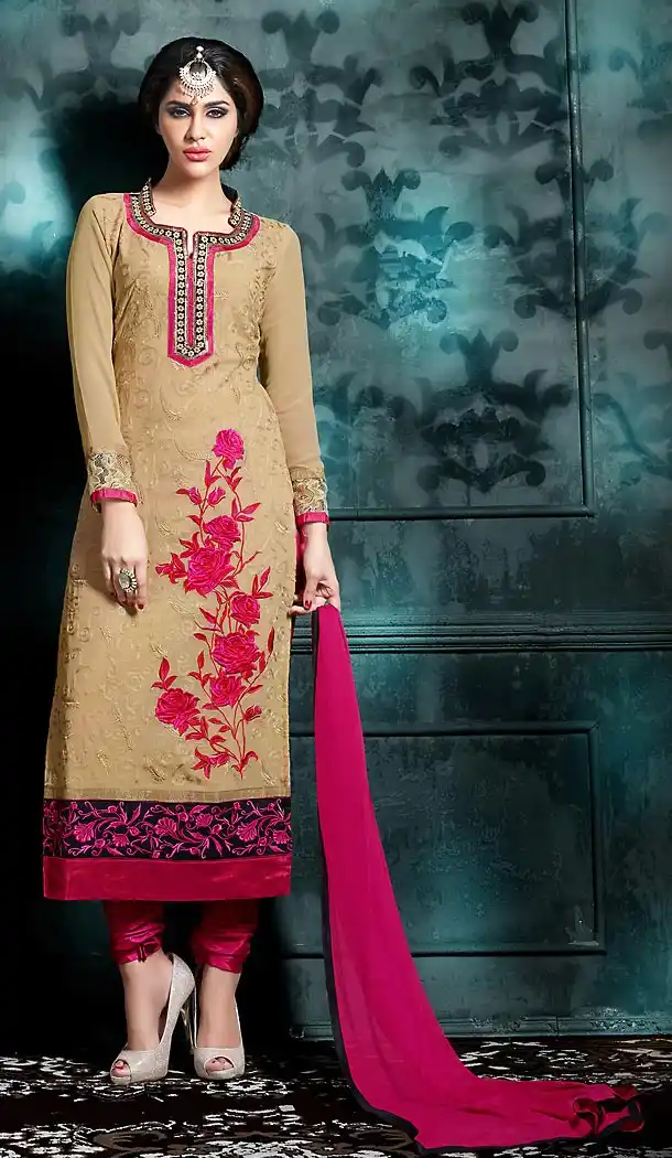 French Beige Color Georgette Straight Cut Casual Salwar Kameez | FH503276860