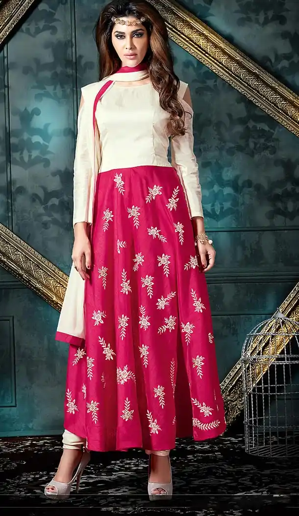 Deep Pink Color Silk Anarkali Style Casual Salwar Kameez | FH503276861
