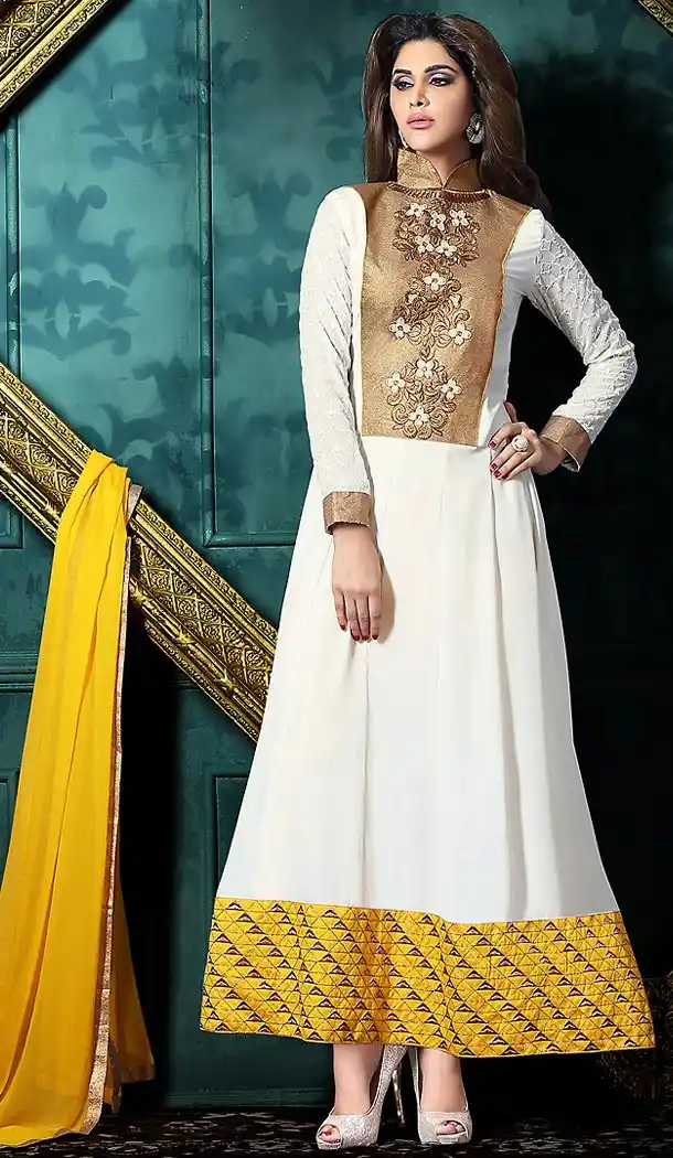 White Color Crepe Silk Anarkali Style Casual Salwar Kameez | FH503276863