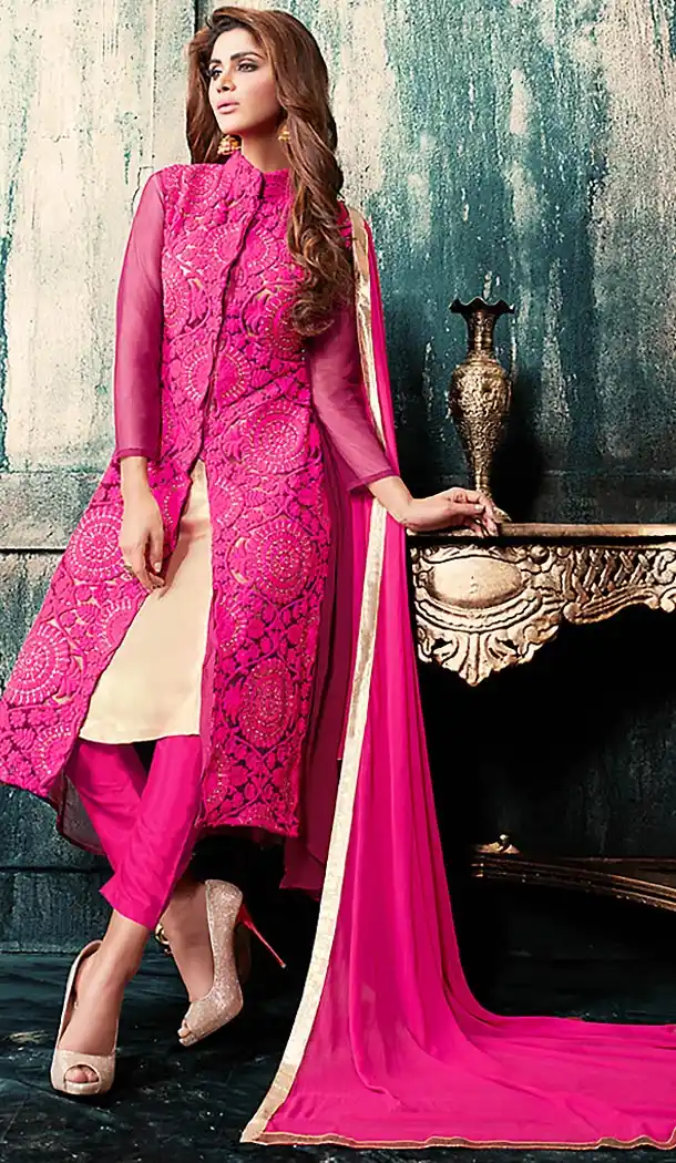 Deep Pink Color Georgette Straight Cut Style Churidar Suit | FH503476878