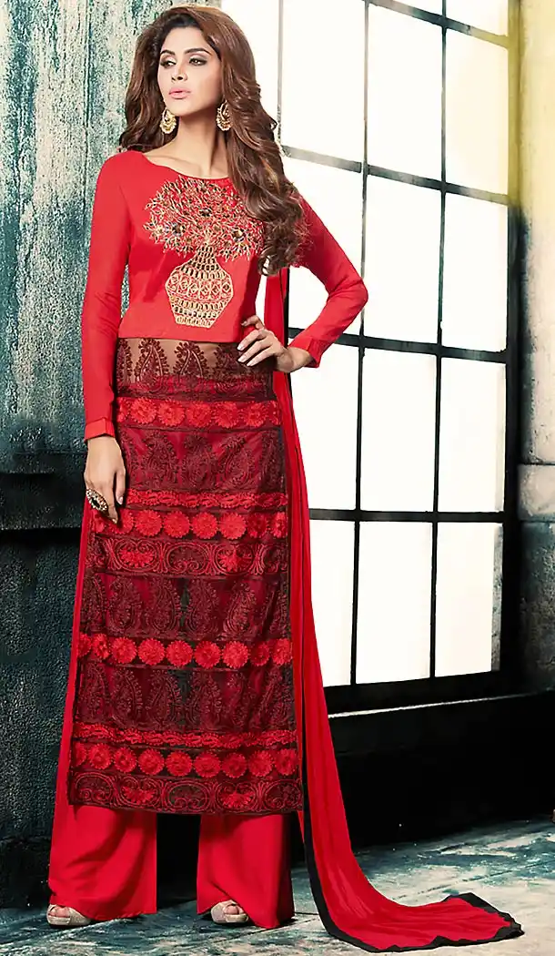 Red Color Georgette Anarkali Style Palazzo Suit | FH503476881