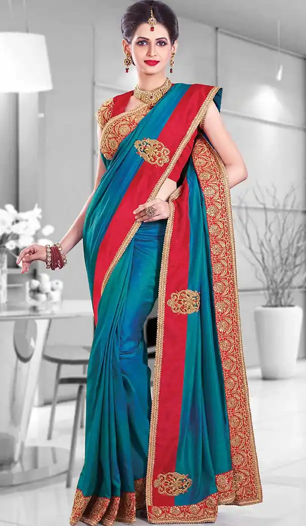 Cyan Blue Color Silk Embroidered Party Wear Saris Blouse | FH503876915