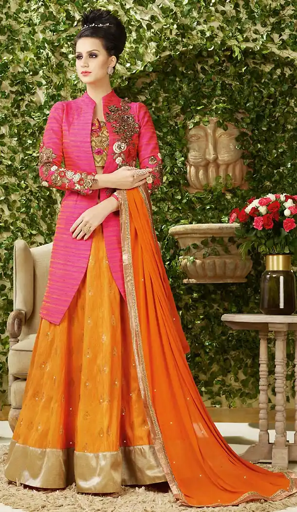 Orange Color Banarasi Silk Circular Style Lehenga Choli | FH504276953