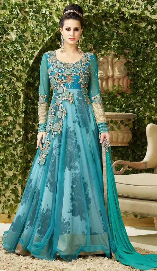 Green Color Net Crystals Stones Work Designer Gowns | FH504276954