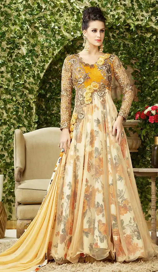 Beige Color Net Crystals Stones Work Designer Gowns | FH504276956