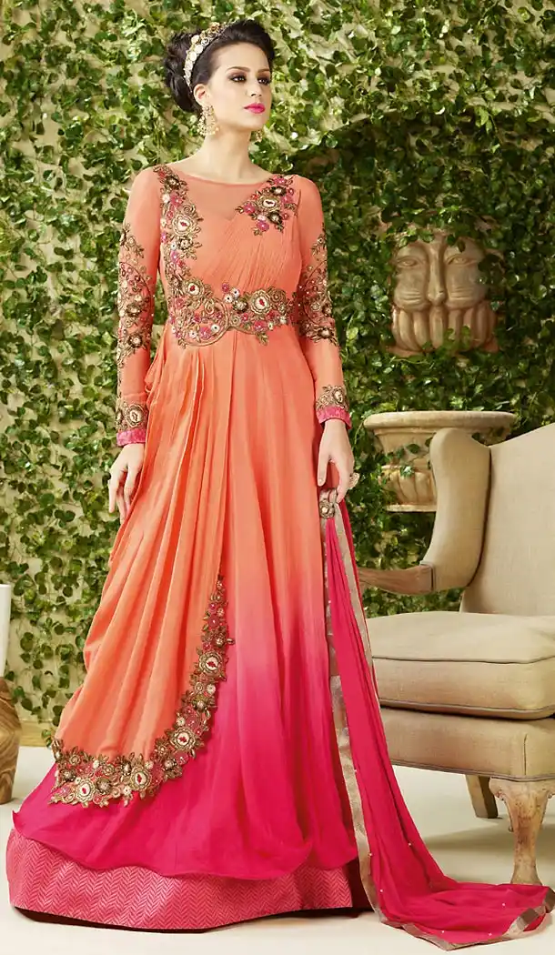 Orange Color Georgette Crystals Stones Work Designer Gowns | FH504276957