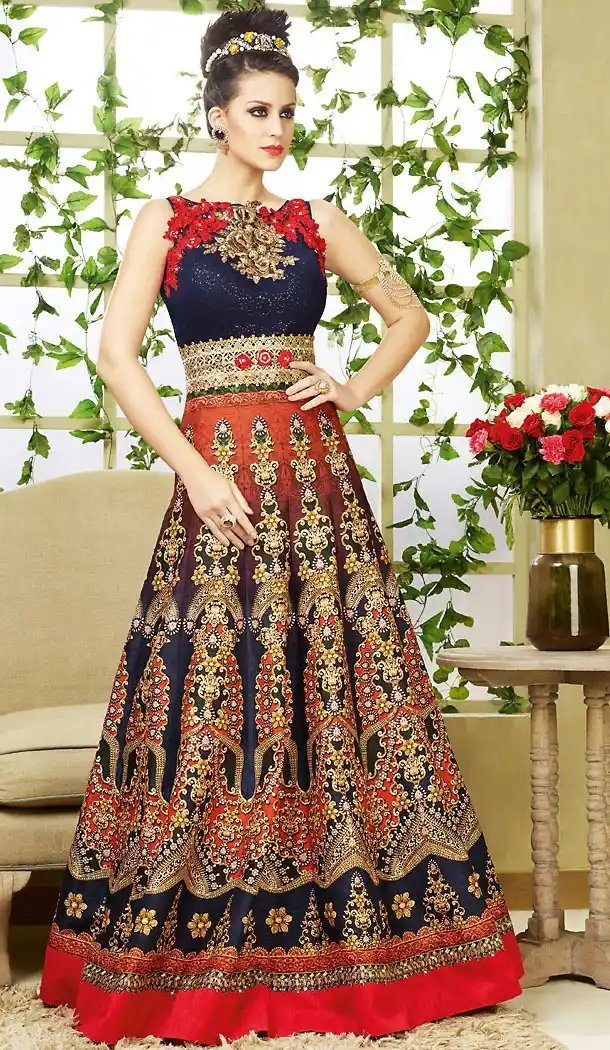 Blue Color Bhagalpuri Silk Crystals Stones Work Designer Gowns | FH504276958