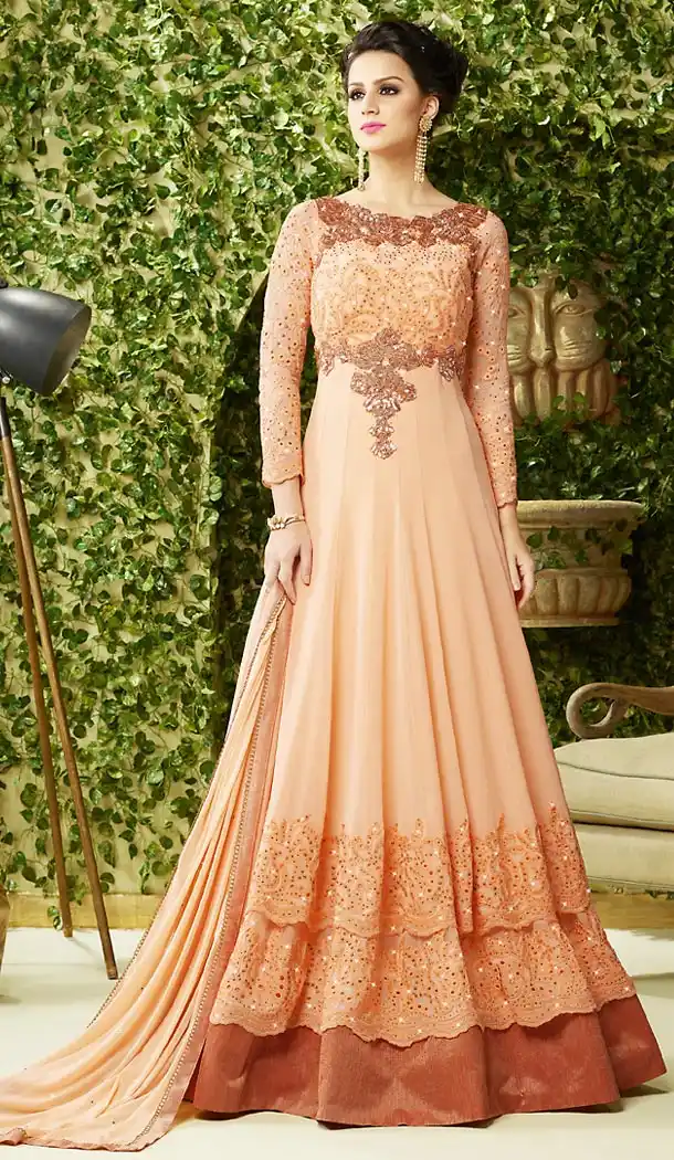 Orange Color Georgette Crystals Stones Work Designer Gowns | FH504276959