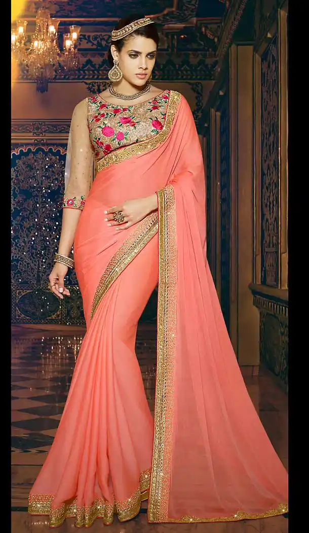 Salmon Color Georgette Contemporary Style Saree Blouse | FH504777031