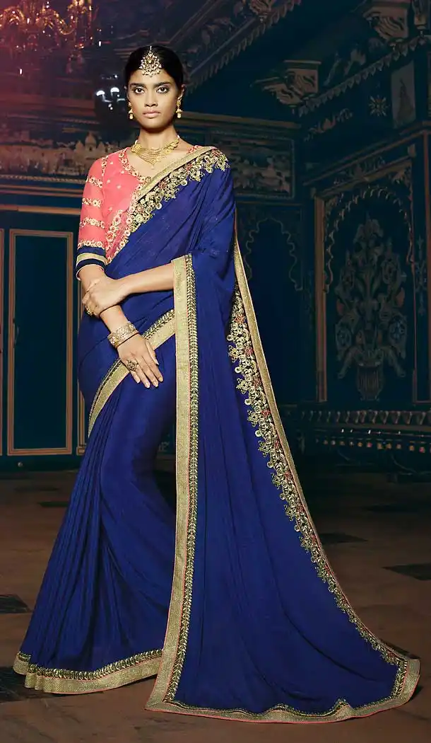 Deep Blue Color Georgette Contemporary Style Saree Blouse | FH504777036