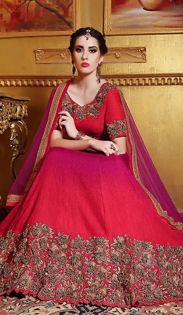 Raw Silk Fabric Pink A Line Style Bridel Lehenga | FH505277084