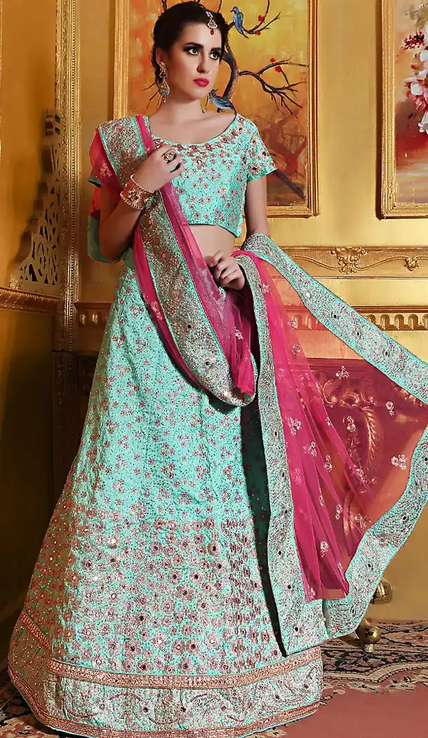 Raw Silk Fabric Turquoise A Line Style Bridel Lehenga | FH505277086