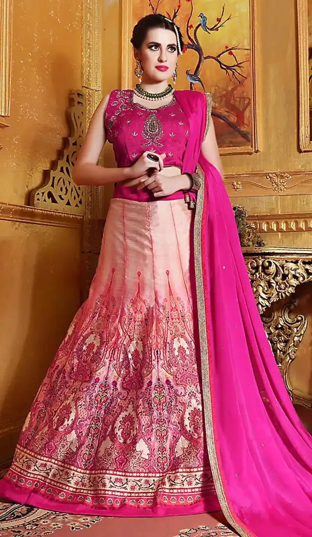 Raw Silk Fabric Salmon A Line Style Bridal Lehenga | FH505277087