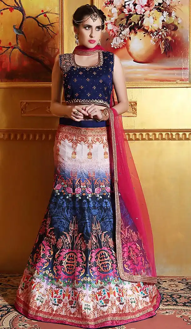 Raw Silk Fabric Navy Blue A Line Style Bridal Lehenga | FH505277088