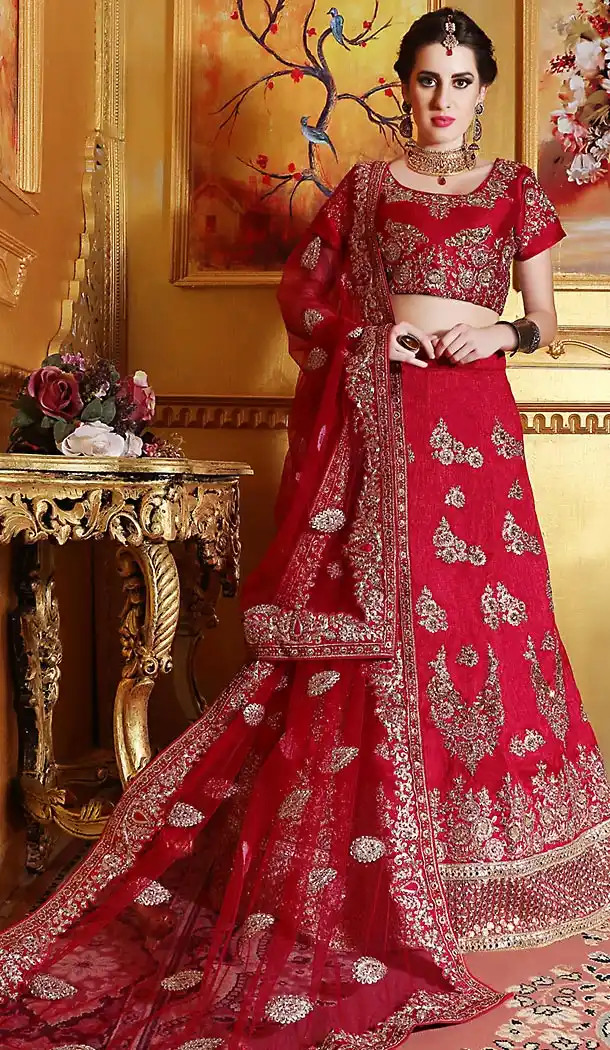 Raw Silk Fabric Crimson A Line Style Bridal Lehenga | FH505277091