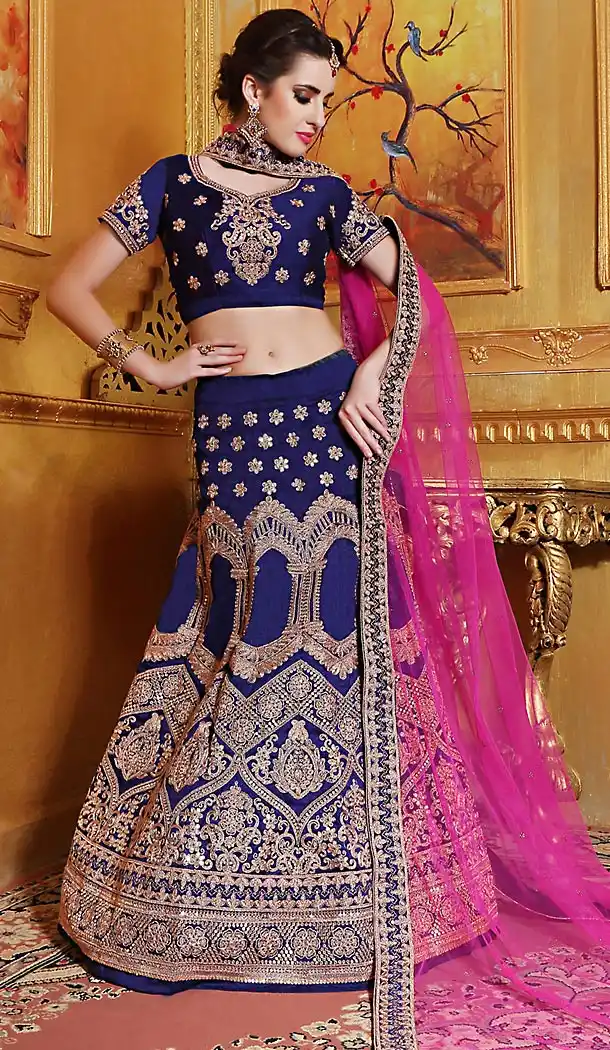 Raw Silk Fabric Blue A Line Style Bridal Lehenga | FH505277093