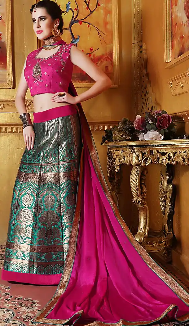Raw Silk Fabric Turquoise A Line Style Bridal Lehenga | FH505277094