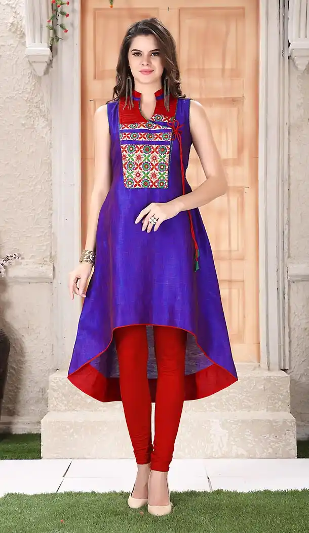 Blue Color Silk A-line Style Embroidery Readymade Kurtis | FH505377096