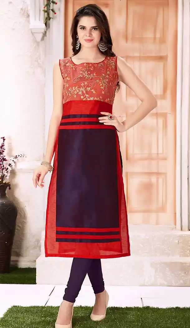 Maroon Color Silk Straight Cut Style Embroidery Readymade Kurtis | FH505377098