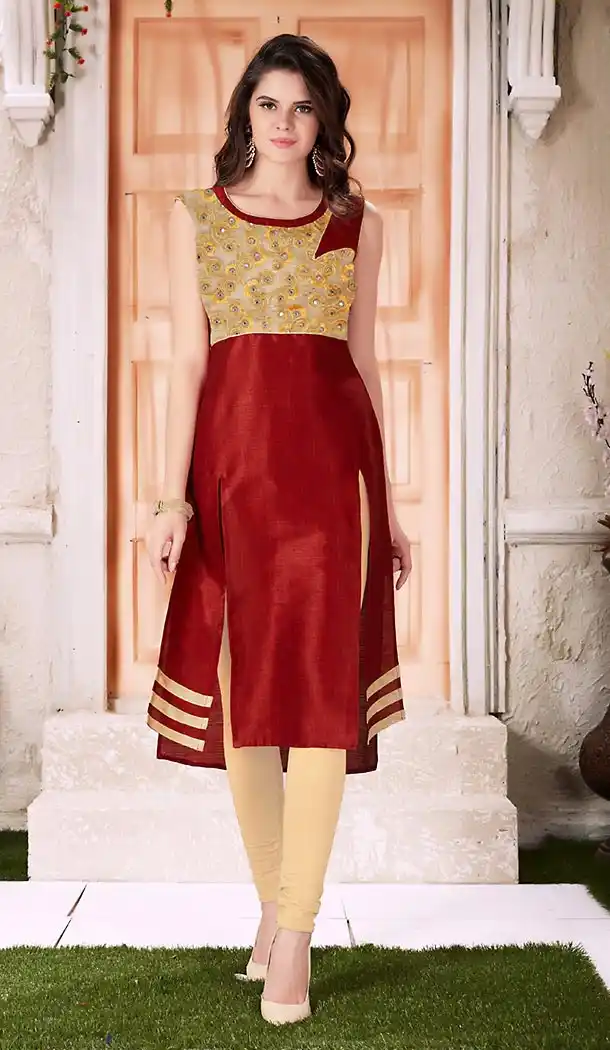 Maroon Color Silk Achkan Style Embroidery Readymade Kurtis | FH505377100