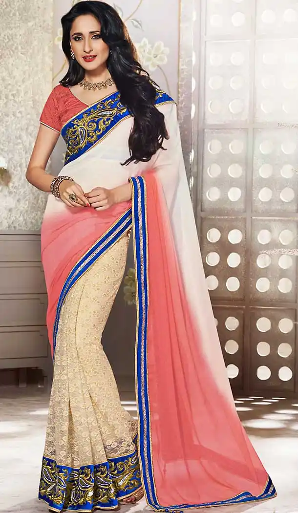 Off White Color Chiffon Contemporary Traditional Wear Saree Blouse | FH505477106