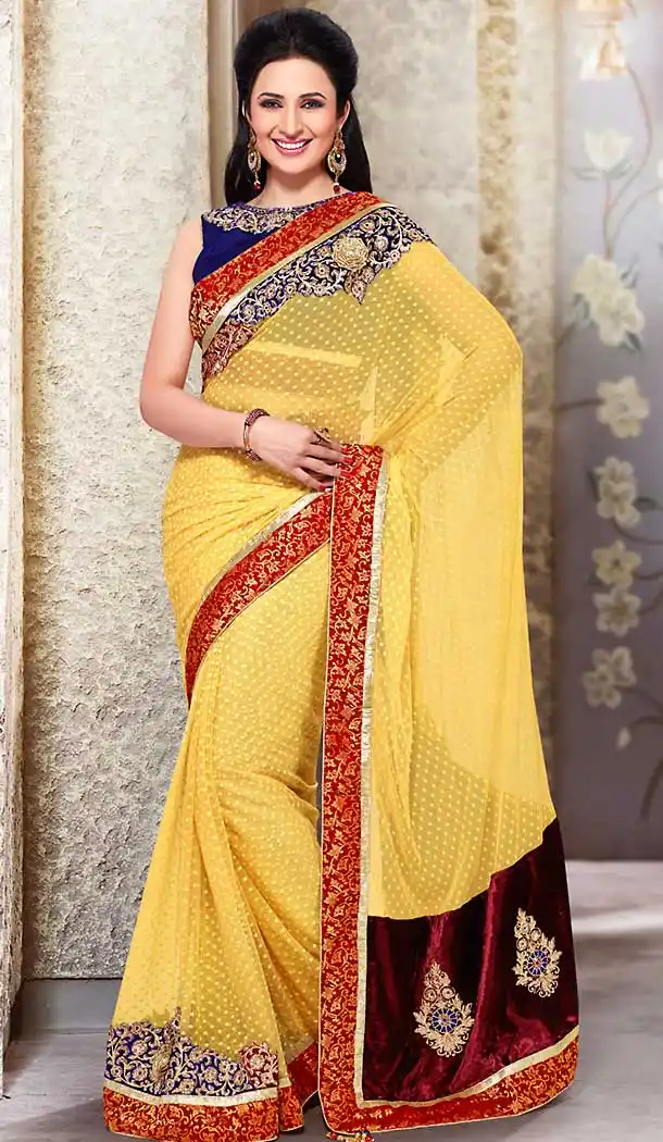 Yellow Color Net Contemporary Traditional Wear Saree Blouse | FH505477109