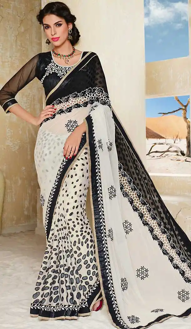 Off White Color Chiffon Contemporary Traditional Wear Saree Blouse | FH505477111