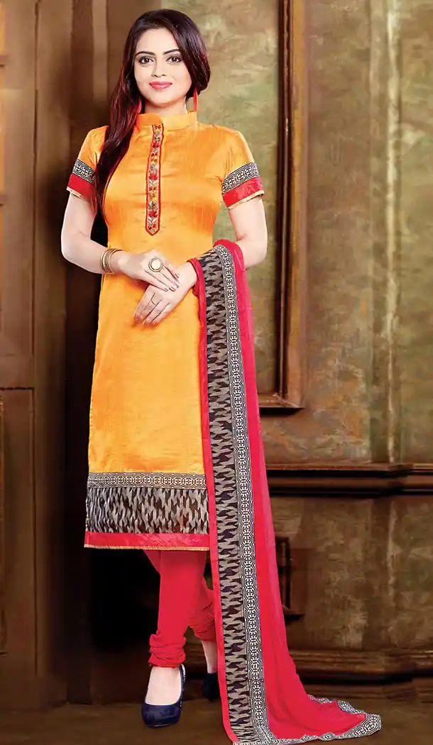Orange Color Silk Straight Cut Style Readymade Churidar Suit | FH505777139
