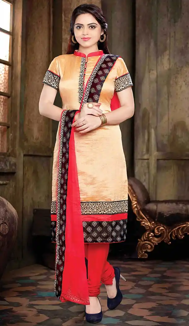 Apricot Color Silk Straight Cut Style Readymade Churidar Suit | FH505777143