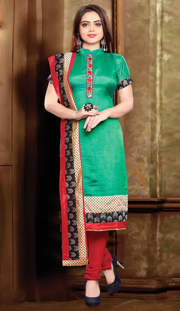 Emerald Color Silk Straight Cut Style Readymade Churidar Suit | FH505777144