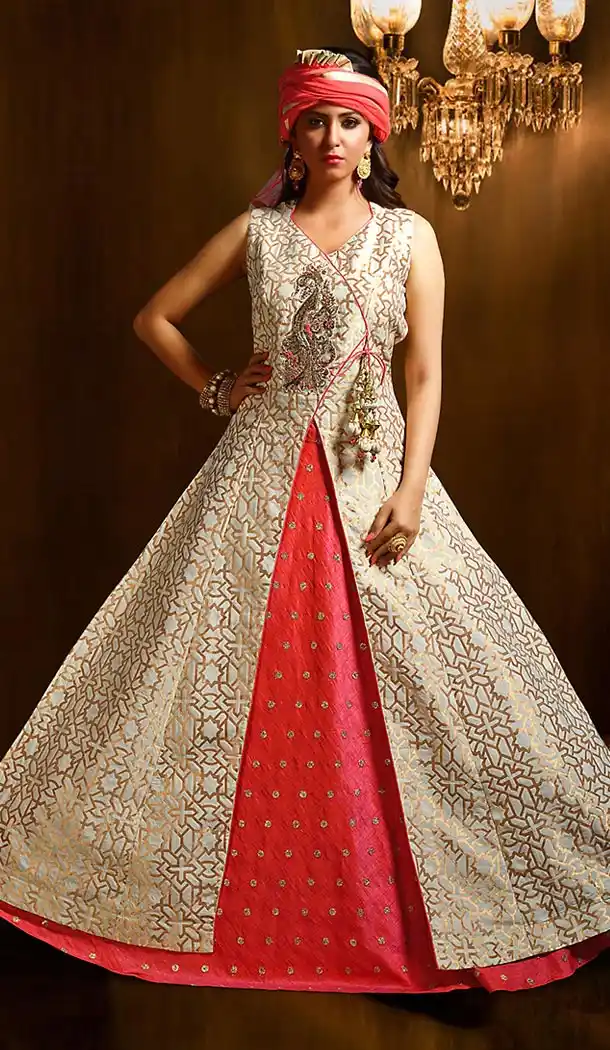 Off White Color Art Silk Angrakha Style Wedding Lehenga Suit | FH505877147