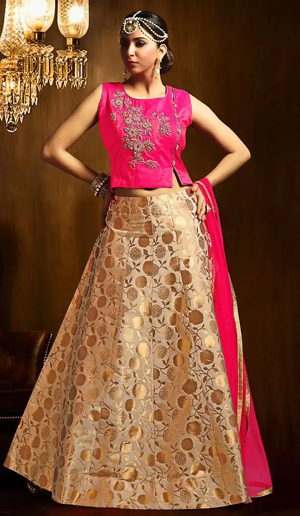 Deep Pink Color Art Silk Short Style Wedding Lehenga Suit | FH505877149