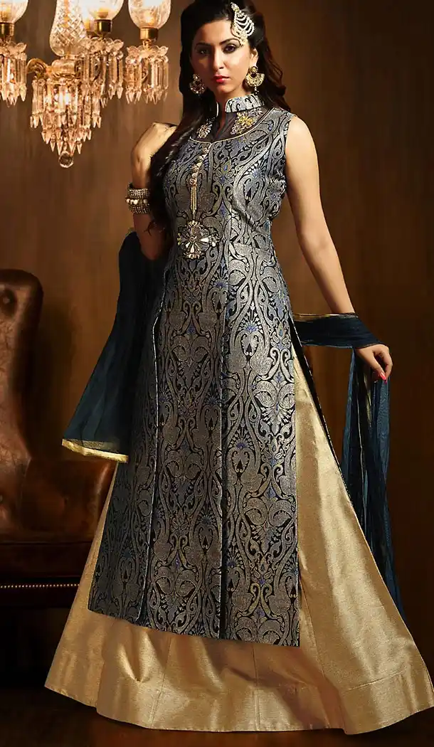 Black Color Art Silk Achkan Style Wedding Lehenga Suit | FH505877150