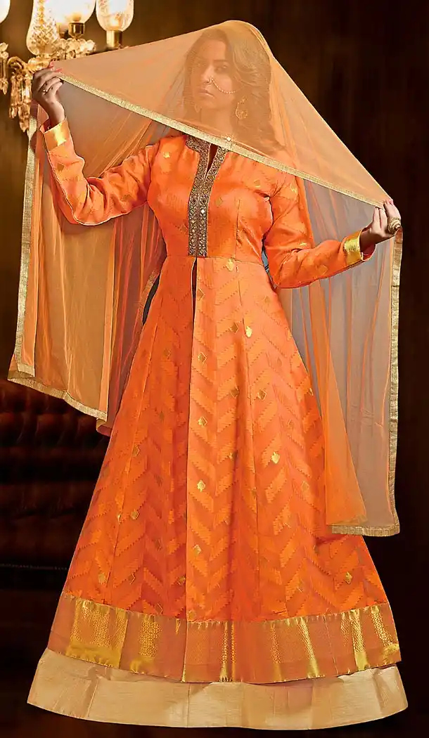 Orange Color Art Silk Achkan Style Wedding Lehenga Suit | FH505877151