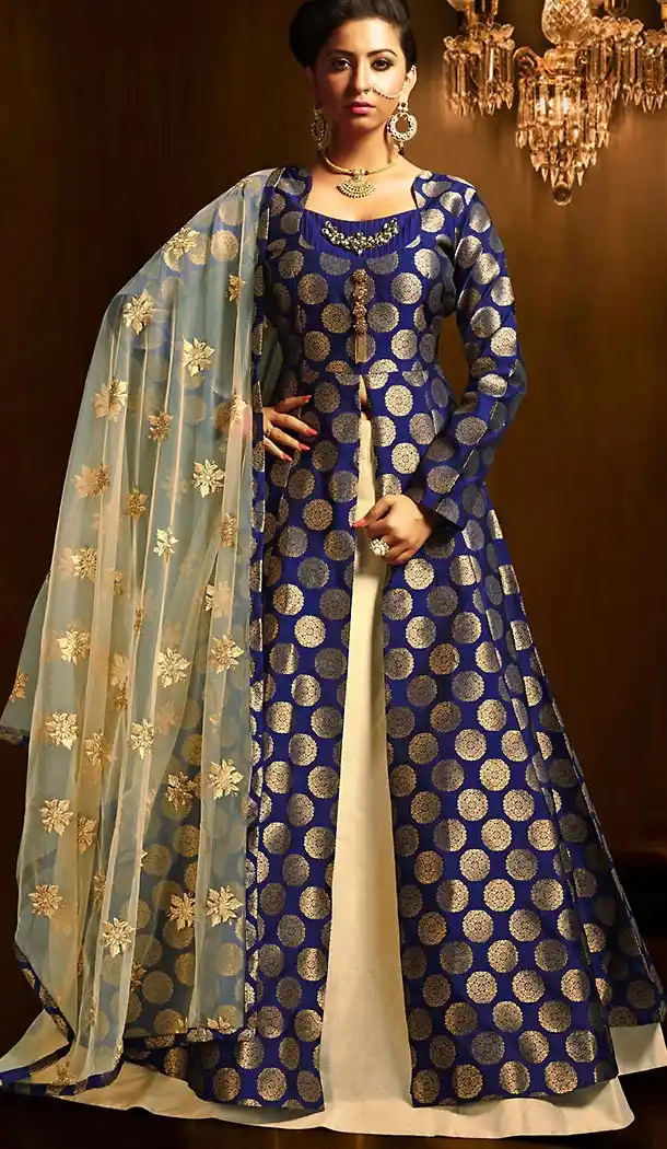 Deep Blue Color Art Silk Achkan Style Wedding Lehenga Suit | FH505877153