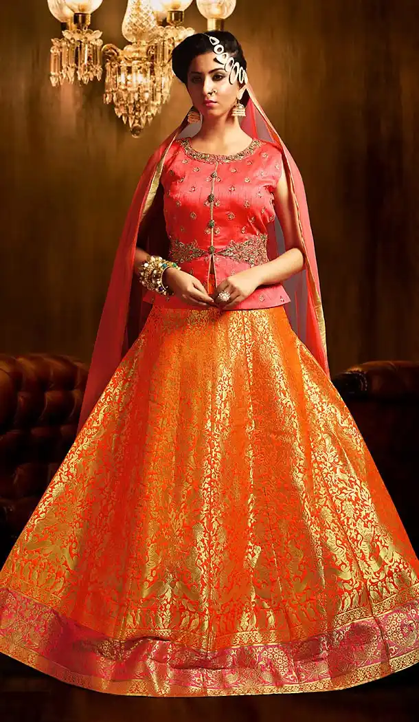 Salmon Color Art Silk Short Kameez Style Wedding Lehenga Suit | FH505877154