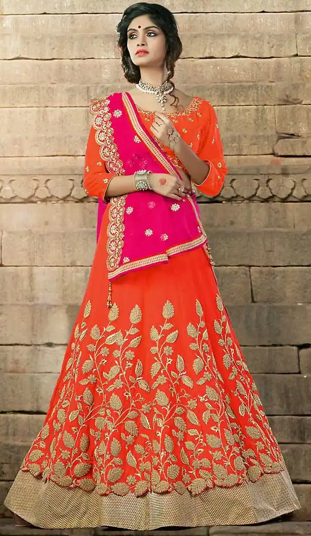 Deep Orange Color Georgette Sangeet Wear Lehenga Choli | FH506877269