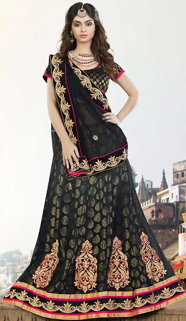 Black Color Brocade,Net Sangeet Wear Lehenga Choli | FH506877270