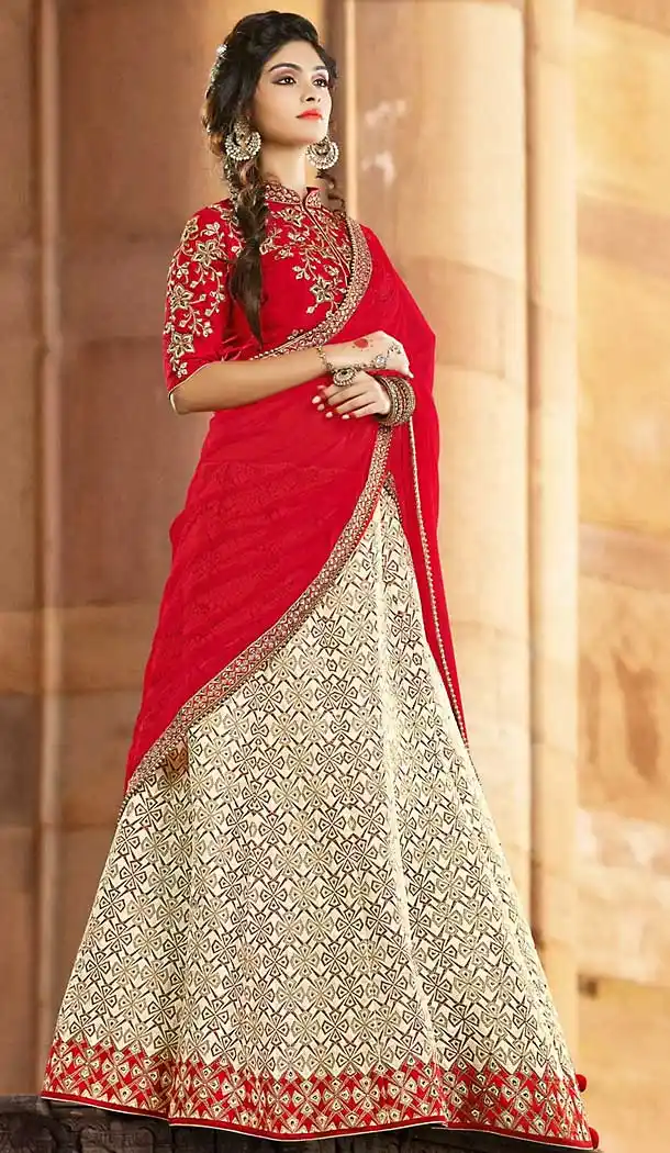 Cream Color Jacquard Silk Circular Style Traditional Wear Lehenga Choli | FH506977279